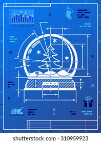 Christmas snow globe symbol as blueprint drawing. Drafting of snow dome on blueprint paper. Vector image