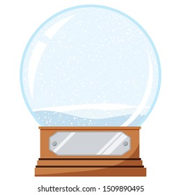 Christmas snow globe toy with falling snow on a wooden base with a metal plate isolated on white background. Empty glass crystal Christmas ball for your design. Vector flat design cartoon style
