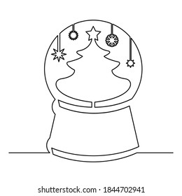 Christmas snow globe with christmas tree, continuous line. Vector illustration, isolated on white background.