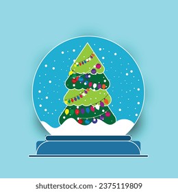 Christmas snow globe with Christmas tree. Merry Christmas and Happy new Year holiday greeting card