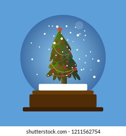 Christmas snow globe with a Christmas tree on a blue background.
