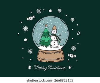Christmas snow globe with tree on blue, Hand drawn illustration.	