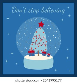 Christmas snow globe with Christmas tree and presents. Vector illustration on blue background for postcard, poster, invitation, flyer.