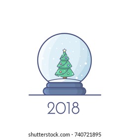 Christmas snow globe with christmas tree and snowflakes in flat style. 2018 New Year greeting card vector  template