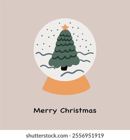 Christmas snow globe with christmas tree and winter season. Merry christmas and happy new year greeting. Winter greeting card. Hand drawn vector illustration