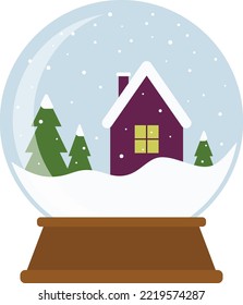 Christmas snow globe with christmas trees and a house. Vector illustration.