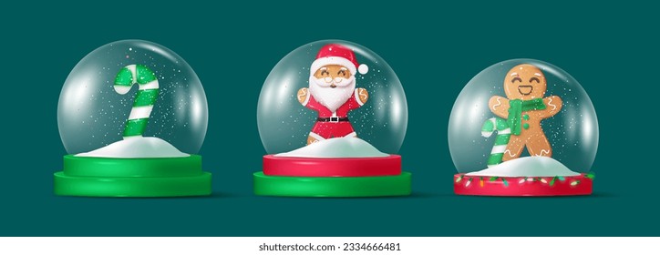 Weihnachtsschneedecke, Vektordesign. Weihnachtsglaskuppel mit Santafelkuchen, Ingwer-Brot und Bonbons für zauberhafte Dekoration. Vektorgrafik 