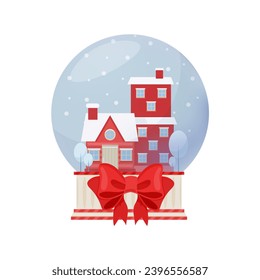Christmas snow globe with winter composition in flat style with decorative red bow. Festive decorative element for your design.