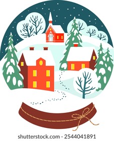 Globo de nieve de las Navidades con la ciudad linda del invierno. Ilustración vectorial. Estilo retro de moda