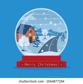Christmas snow globe with winter landscape city inside.  Vector illustration in flat style EPS 10