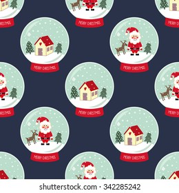 Christmas Snow globes with falling snow, cute house, Santa Claus, Xmas tree and deer seamless pattern on blue background. Cute Merry Christmas background. Glass ball gift design illustration.