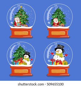 Christmas snow globes. Santa, snowman, gifts, Christmas tree cartoon vectors. 