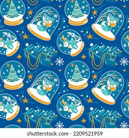 Christmas snow globes. Seamless pattern on blue background. Vector.
