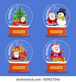 Christmas snow globes. Christmas trees in snow globes. Xmas snow globes and santa characters