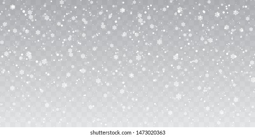 Рождественский снег. Сильный снегопад. Падающие снежинки на прозрачном фоне. Белые снежинки летают в воздухе. Векторная иллюстрация.