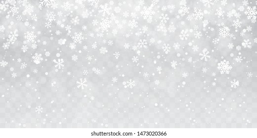 Christmas snow. Heavy snowfall. Falling snowflakes on transparent background. White snowflakes flying in the air. Vector illustration.