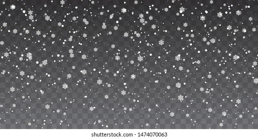 Christmas snow. Heavy snowfall. Falling snowflakes on transparent background. White snowflakes flying in the air. Vector illustration.