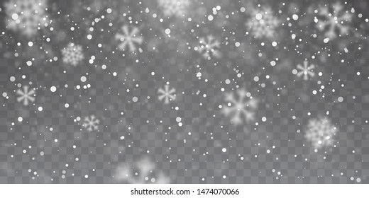 Christmas snow. Heavy snowfall. Falling snowflakes on transparent background. White snowflakes flying in the air. Vector illustration.