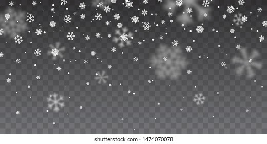 Christmas snow. Heavy snowfall. Falling snowflakes on transparent background. White snowflakes flying in the air. Vector illustration.