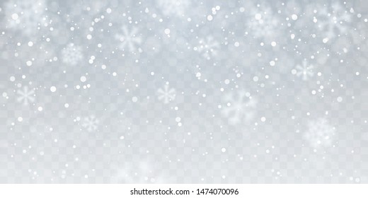 Christmas snow. Heavy snowfall. Falling snowflakes on transparent background. White snowflakes flying in the air. Vector illustration.