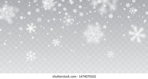 Christmas snow. Heavy snowfall. Falling snowflakes on transparent background. White snowflakes flying in the air. Vector illustration.