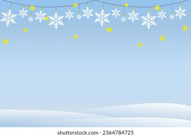 Christmas snow landscape background  bunting garland snowflakes. Vector illustration snowflakes design for Christmas background border decorations Christmas and new year card celebration. copy space