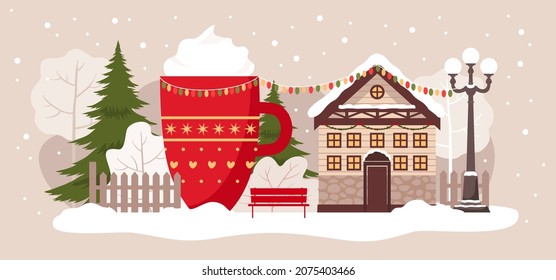 Christmas snow landscape with a house. Red coffee cup. Lantern, fence, fir trees. Vector clipart.