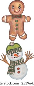 Christmas snow man and ginger bread man illustration watercolour