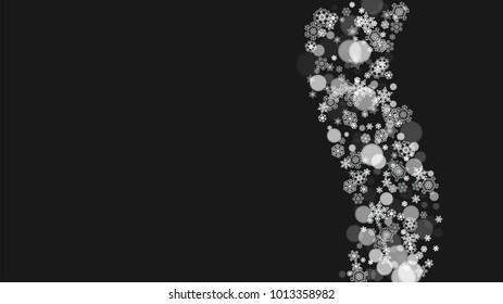 Christmas snow on black background. New year theme. Horizontal frame for winter banner, gift coupon, voucher, ad, party event. New Year and Christmas snow design. Falling snowflakes for celebration