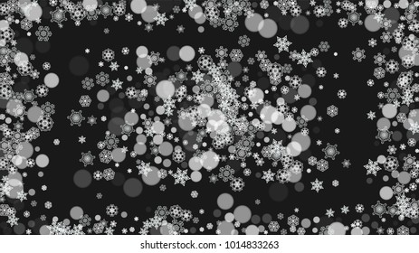 Christmas snow on black background. New year theme. Horizontal frame for winter banner, gift coupon, voucher, ad, party event. New Year and Christmas snow design. Falling snowflakes for celebration