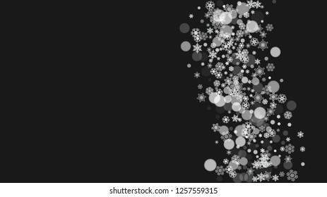 Christmas snow on black background. New year theme. Horizontal frame for winter banner, gift coupon, voucher, ad, party event. New Year and Christmas snow design. Falling snowflakes for celebration