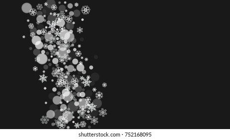 Christmas snow on black background. New year theme. Horizontal frame for winter banner, gift coupon, voucher, ad, party event. New Year and Christmas snow design. Falling snowflakes for celebration