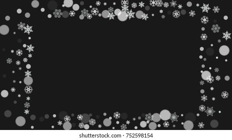 Christmas snow on black background. New year theme. Horizontal frame for winter banner, gift coupon, voucher, ad, party event. New Year and Christmas snow design. Falling snowflakes for celebration