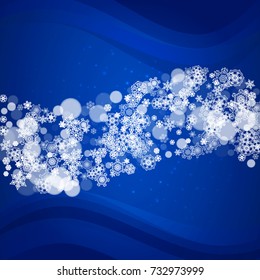Christmas snow on blue background with sparkles. Frame for seasonal winter banner, gift coupon, voucher, ad, party event. New Year and Christmas snow design. Falling snowflakes for holiday celebration