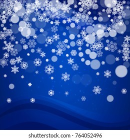 Christmas snow on blue background with sparkles. Frame for seasonal winter banner, gift coupon, voucher, ad, party event. New Year and Christmas snow design. Falling snowflakes for holiday celebration