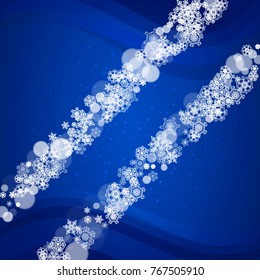 Christmas snow on blue background with sparkles. Frame for seasonal winter banner, gift coupon, voucher, ad, party event. New Year and Christmas snow design. Falling snowflakes for holiday celebration