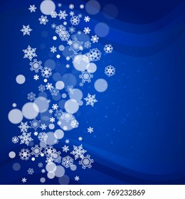 Christmas snow on blue background with sparkles. Frame for seasonal winter banner, gift coupon, voucher, ad, party event. New Year and Christmas snow design. Falling snowflakes for holiday celebration