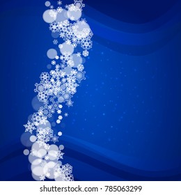 Christmas snow on blue background with sparkles. Frame for seasonal winter banner, gift coupon, voucher, ad, party event. New Year and Christmas snow design. Falling snowflakes for holiday celebration