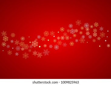 Christmas snow on red background. Glitter frame for winter banners, gift coupon, voucher, ads, party event. Santa Claus colors with golden Christmas snow. Horizontal falling snowflakes for holiday
