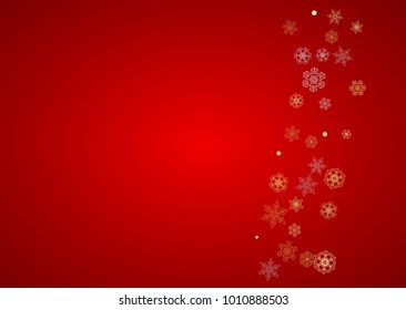 Christmas snow on red background. Glitter frame for winter banners, gift coupon, voucher, ads, party event. Santa Claus colors with golden Christmas snow. Horizontal falling snowflakes for holiday
