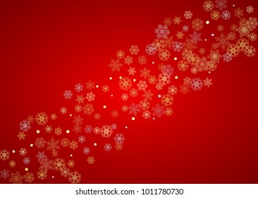 Christmas snow on red background. Glitter frame for winter banners, gift coupon, voucher, ads, party event. Santa Claus colors with golden Christmas snow. Horizontal falling snowflakes for holiday
