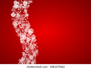 Christmas snow on red background. Santa Claus colors. Horizontal frame for winter banner, gift coupon, voucher, ad, party event. New Year and Christmas snow design. Falling snowflakes for celebration
