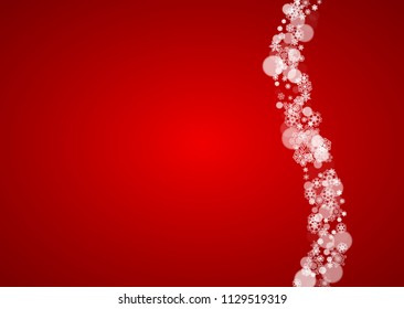 Christmas snow on red background. Santa Claus colors. Horizontal frame for winter banner, gift coupon, voucher, ad, party event. New Year and Christmas snow design. Falling snowflakes for celebration