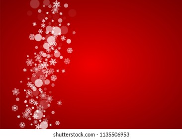 Christmas snow on red background. Santa Claus colors. Horizontal frame for winter banner, gift coupon, voucher, ad, party event. New Year and Christmas snow design. Falling snowflakes for celebration