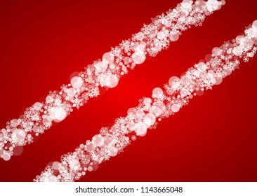 Christmas snow on red background. Santa Claus colors. Horizontal frame for winter banner, gift coupon, voucher, ad, party event. New Year and Christmas snow design. Falling snowflakes for celebration