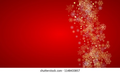 Christmas snow on red background. Glitter frame for winter banners, gift coupon, voucher, ads, party event. Santa Claus colors with golden Christmas snow. Horizontal falling snowflakes for holiday