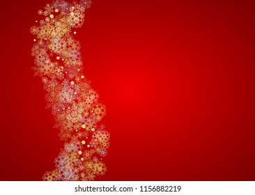 Christmas snow on red background. Glitter frame for winter banners, gift coupon, voucher, ads, party event. Santa Claus colors with golden Christmas snow. Horizontal falling snowflakes for holiday