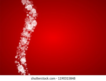 Christmas snow on red background. Santa Claus colors. Horizontal frame for winter banner, gift coupon, voucher, ad, party event. New Year and Christmas snow design. Falling snowflakes for celebration