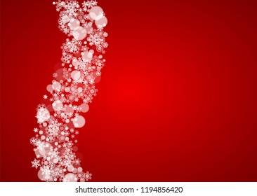 Christmas snow on red background. Santa Claus colors. Horizontal frame for winter banner, gift coupon, voucher, ad, party event. New Year and Christmas snow design. Falling snowflakes for celebration