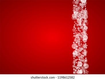 Christmas snow on red background. Santa Claus colors. Horizontal frame for winter banner, gift coupon, voucher, ad, party event. New Year and Christmas snow design. Falling snowflakes for celebration